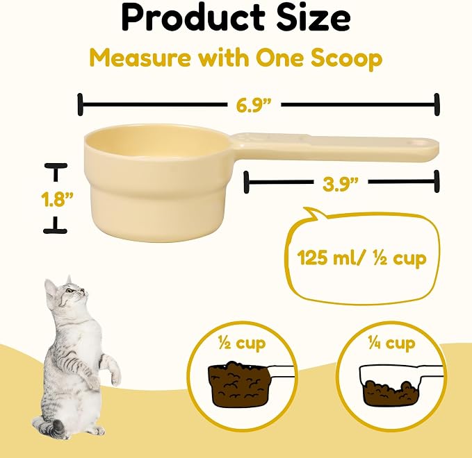 1/2 Cup Dog Food Scoop, Extra Long Handle Sturdy Melamine Pet Food Measuring Scoop with Clear Marking Lines, BPA-Free, Shatterproof, Dishwasher Safe (Butter Yellow, 1/2 Cup)