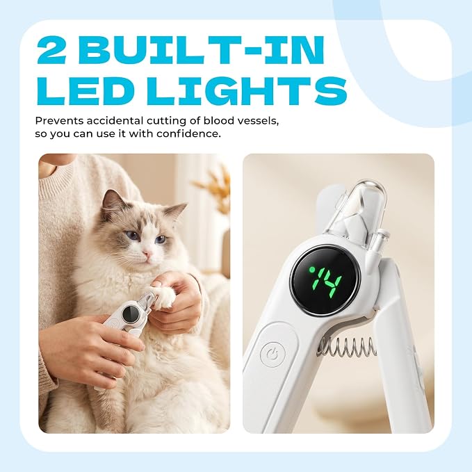 2-in-1 Pet Nail Clipper with LED Light and Digital Display – Upgraded Cat and Dog Nail Grinder with Safety Guard, USB Charging, Splash-Proof, Low-Noise, Pain-Free Nail Trimmer (White)