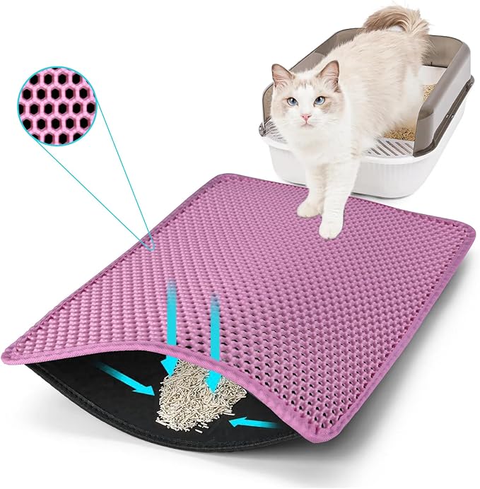 Cat Litter Mat 35"x24", Double Layer Waterproof Litterbox Mat, Pink | Non-slip backing, washable for easy cleanup, traps stray litter with waterproof honeycomb large grid that is urine-proof.