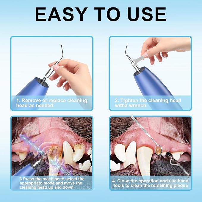 Ultrasonic Dog Plaque Remover Tool, 3 Modes Plaque and Tartar Remover for Dogs, Low Noise Sonic Dog Tartar Remover Dogs Plaque Remover with Toothbrush 2 Cleaning Head for Pet Dental Care, Blue