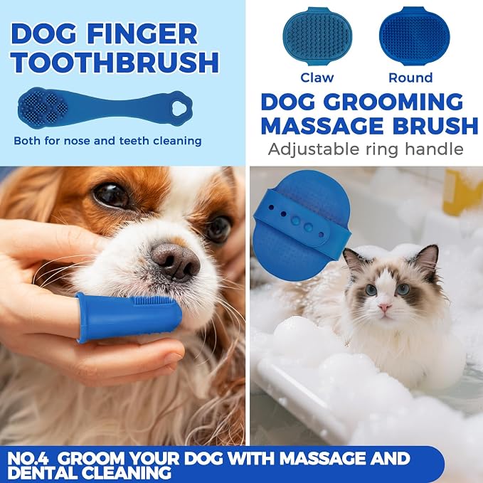 PAWCHIE Bath Grooming Kit for Pets, 9 PCS Hair Brush Set with Towel,Washing Gloves,Bath Brush and Adjustable Handle Shampoo Brush & Scrubber for Short Long Haired Dogs and Cats,Dog Bath Supplies,Blue