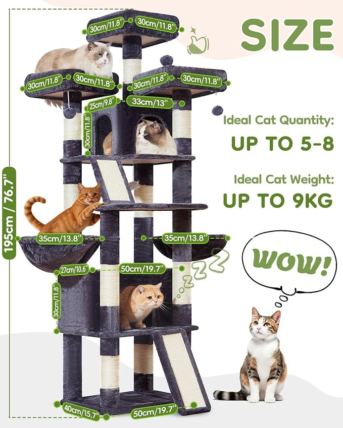 Taoqimiao Cat Tree for Large Cats, 76.8 Inches XL Cat Tower for Indoor Cats | 2 Scratch Boards, 3 Top Perches, 9 Scratching Posts, Multi-Level Cat Tree with 2 Condos, 2 Cozy Basket, Smoky Gray, T20G