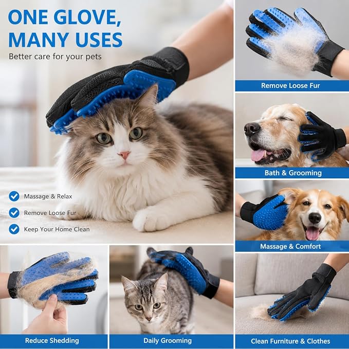 Pet Grooming Gloves – Deshedding & Bath Brush Gloves for Dogs, Cats & Horses, Gentle Hair Remover & Massage Mitt (Blue)
