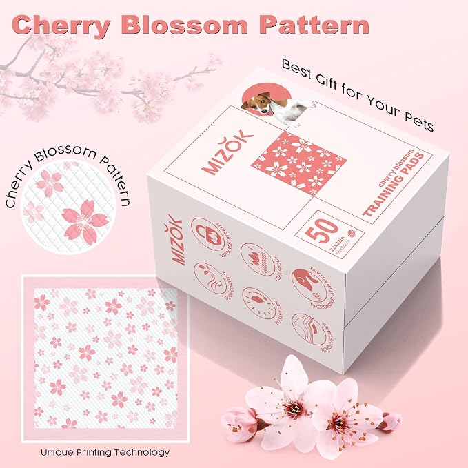 MIZOK Puppy Pads Pink 22x22in, Quick-Dry Puppy Training Pads with Pheromone Attractant, Decorative Cherry Blossom 6-Layer Heavy Duty Leak-Proof Pet Pads, Disposable (50 Count)