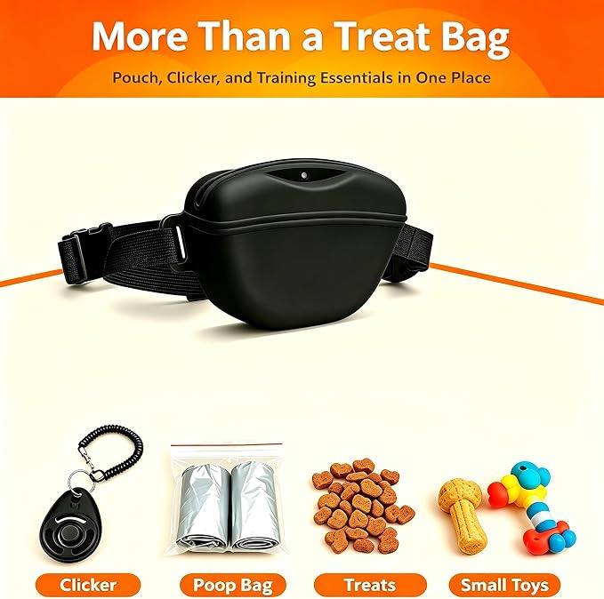 Dog Treat Pouch with Training Clicker - Silicone Treat Bag, No-Spill Magnetic Closure, Hands-Free Belt for Dog Walking & Training, 1.67-Cup