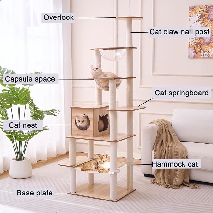 76-Inch Multi-Pure Wood-Level Cat Tree Tower with Condo, 16 Soft Plush Scratching Post,2 Space Capsule, with Cat Hammock,5-Story Perching Platform,Cat Tree for Large Cats.（1115）