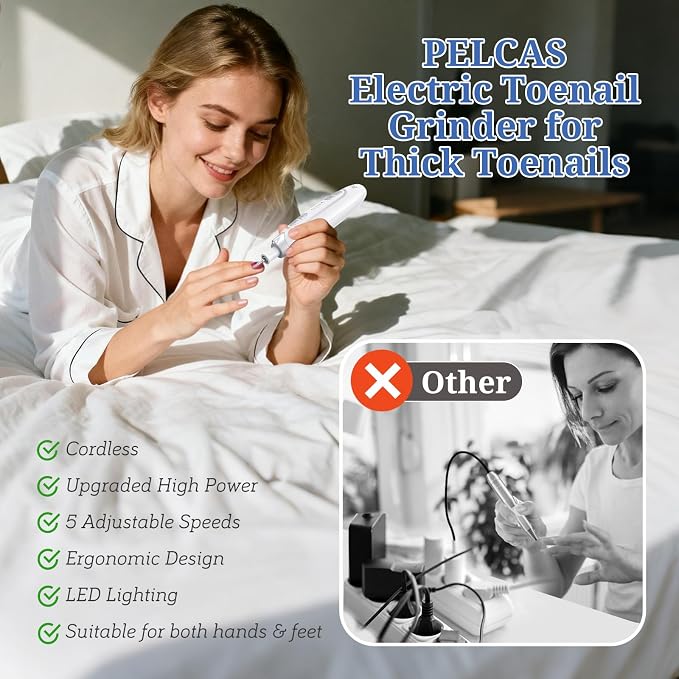 PELCAS Electric Nail File, Manicure and Pedicure Kit 5 Speeds & LED Light | Cordless Nail Drill, Toenail Grinder for Thick Toenails, Dremel Tool Kit for Human, Pet, Toenails, Natural & Acrylic Nails