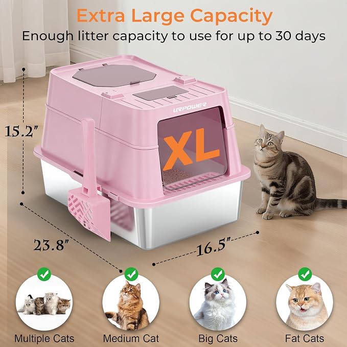 URPOWER Stainless Steel Cat Litter Box with 110° Flip-Top Lid, XL Enclosed Metal Litter Box for Large Cats, Odor Control, Anti-Urine Leakage, Non-Stick Pan, Front Entry Top Exit, Scoop & Mat Included