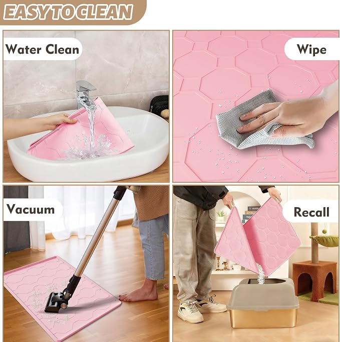 Silicone Cat Litter Mat, 34“ x 22” Waterproof Cat Litter Mats for Floors, Raised Edges Prevent Leaks and Make Cleaning Easy (Pink)