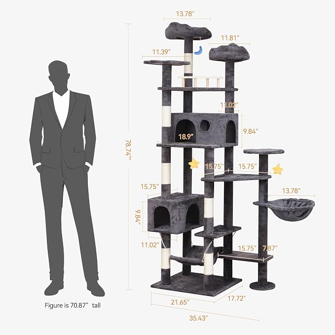 Meecal Cat Tree, 79in Giant Tower for Indoor Cats Large Adult, Smoky Gray | Heavy Duty Cat Trees with Scratching Post, 2 Cat Condos, Hammocks, Perches, Hanging Toys for Multiple Maine Coon, Big Cats