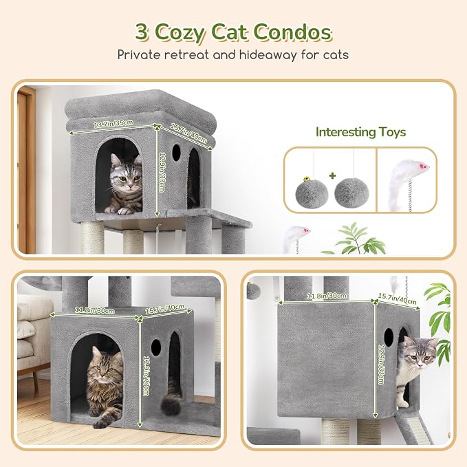 Globlazer Heavy Duty Cat Tree for Indoor Cats Large Adult, F52B, Light Grey | 3 Condos, Extra-Large Baseboard, Removable Top Perch, 4 Sisal Posts & Board, Hanging Basket, Anti-Topple Strap, Easy Setup
