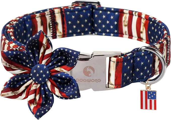 DOGWONG Ameirican Flag Dog Collar with Flower - Independence Flower Dog Collars, Adjustable Patriotic Pet Collars 4th of July Dog Collar for Small Medium Large Dogs