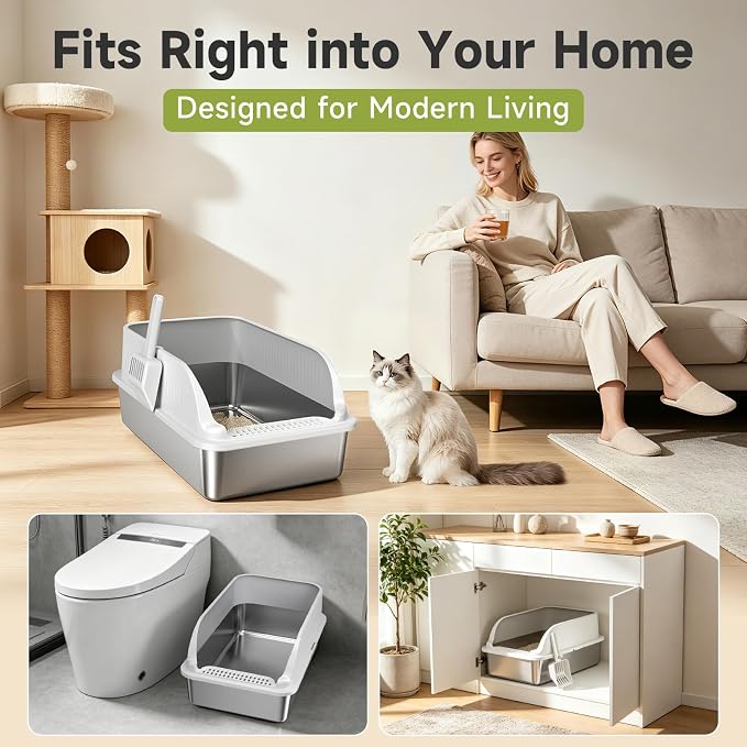 Stainless Steel Cat Litter Box with Lid, XL Extra Large High Sided Litter Box for Big Cats, Odor Free Open Top Litter Pan Easy Cleaning Anti-Urine Leakage Non-Stick, Includes Scoop, Light Grey