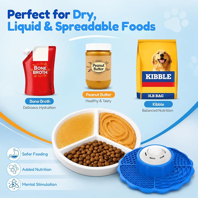 3-in-1 Slow Feeder Dog Bowl with Rolling Ball & Lick Mat for Dogs and Cats, 10oz Capacity, Helps Slow Eating & Calm Feeding & Mental Enrichment, for Indoor & Outdoor Use