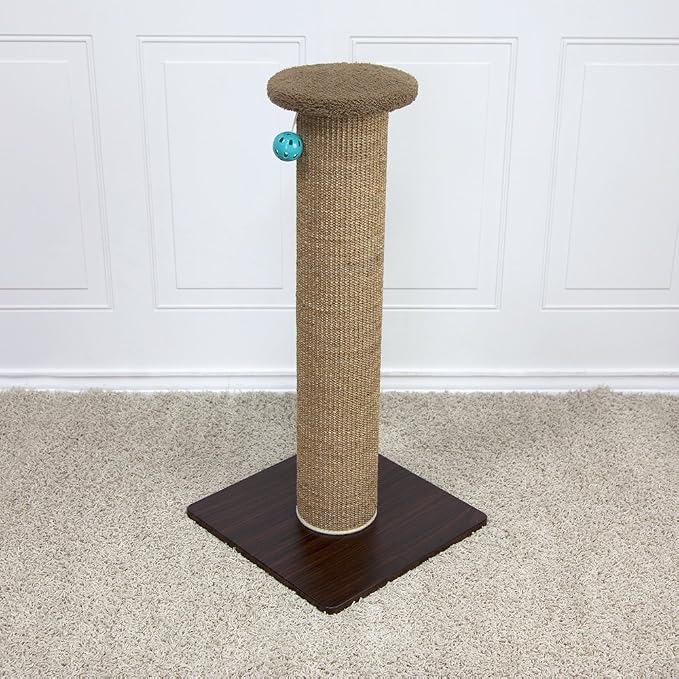 Kitty City Tall Sisal Cat Scratching Post, 32” Durable Scratcher with Sturdy Base & Hanging Jingle Toy, Easy Assembly, Furniture Protection for Indoor Cats - Brown