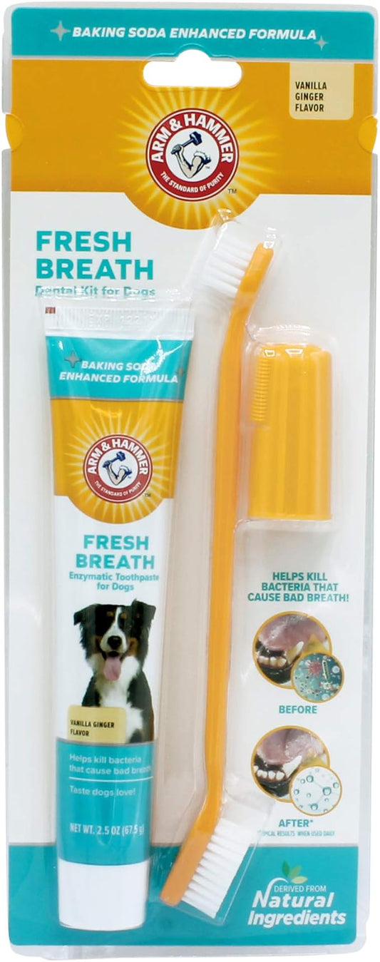 Arm & Hammer for Pets Fresh Breath Dog Dental Kit, Toothpaste, Toothbrush, and Finger Brush, Baking Soda Enhanced, Reduces Plaque and Tartar, Vanilla Ginger Flavor, 2.5 Oz
