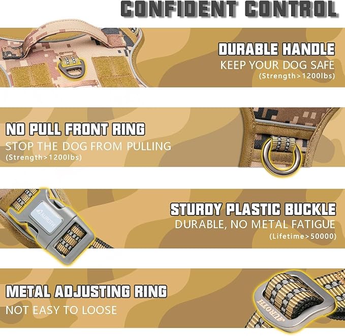 AUROTH Tactical Dog Harness for Large Dogs No Pull Adjustable Pet Harness Reflective Working Training Easy Control Pet Vest Military Service Dog Harnesses Desert Camo XXL