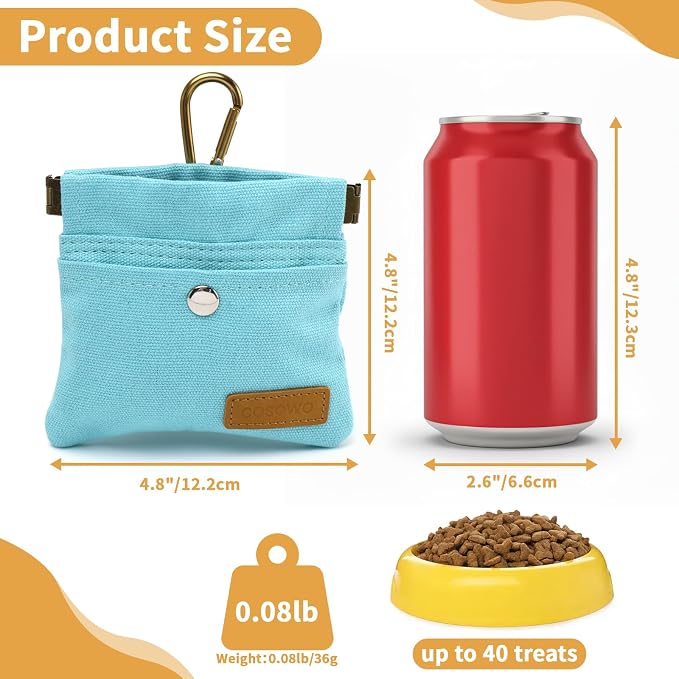 Dog Treat Pouch for Pet Training, Carabiner & Magnetic Buckle, Blue | Hand Free Dog Training Treat Bag, Auto Closing Dog Walking Bag for Puppy Travel or Outdoor Use, Pet Feed Snack Reward Pocket