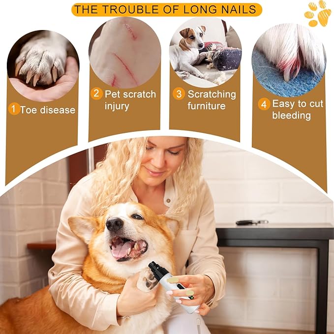 Silent Pet Nail Grinder for Dogs & Cats, 3 Grinding Heads | Professional 2-Speed Rechargeable Dog Nail Trimmer for Small/Medium Dogs & Cats, Painless Paw Grooming