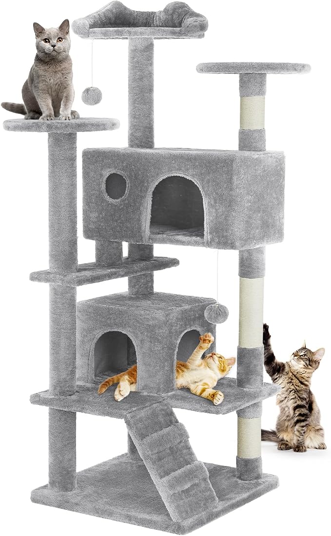 DUMOS 54 Inch Cat Tree Tower with Scratching Posts | Indoor Multi-Level Pet House for Large Cats with 2 Condos, Round Platform, Small Ladder and Toys, Light Grey