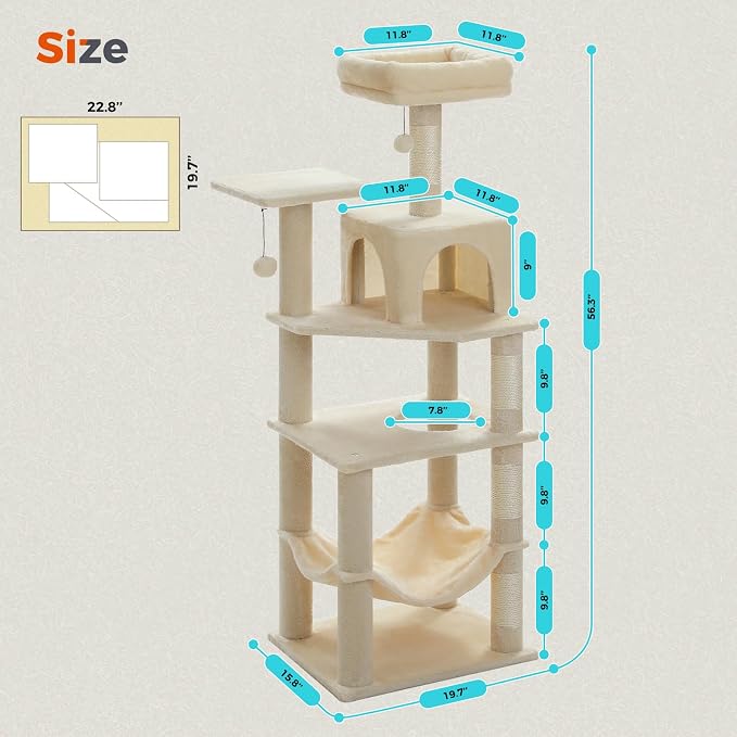 PEQULTI 56.3'' Cat Tree for Indoor Cats, Multi-Level Cat Tower with 2 Top Perch, Cat Condo, Hammock and Sisal-Covered Scratching Post, Beige