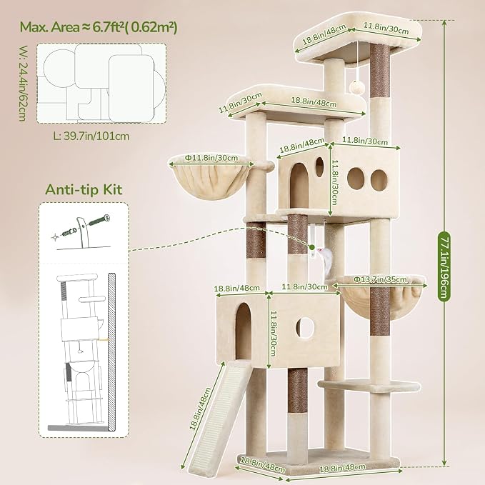 Globlazer Tall Cat Tower Extra Large Cat Tree House, S77D, Beige | 77 inch Cat Climbing Tower for Indoor Cats Large Adults with 5 Scratching Posts, 2 Cat Condos, 2 Platforms