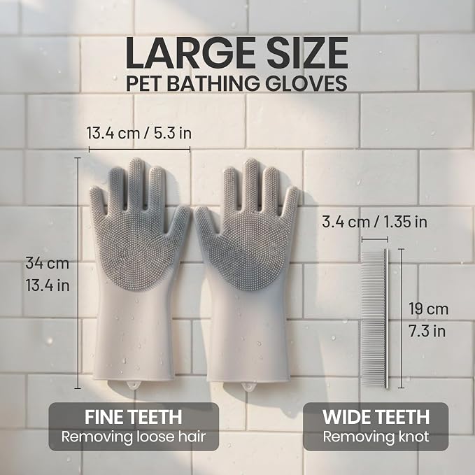 DELOMO Silicone Pet Grooming Gloves Dog Washing Gloves with Comb, Grey | 3000 Soft Silicone Bristles with Comb, 5-Finger Flexible, Massages & Removes Fur, Non-Slip, Easy Clean, for Dogs/Cats/Horses