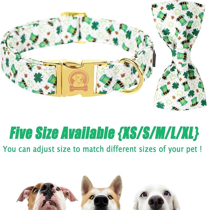 ·MR. CHUBBYFACE· St.Patrick's Clover Dog Collar with Bowtie, Green Clovers Shamrock Pattern Metal Buckle Dog Collar Adjustable Shamrock Collar for Small Medium Large Dogs
