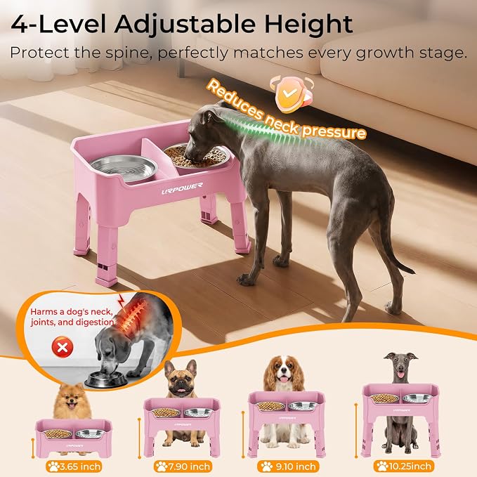 URPOWER Mess Proof Elevated Dog Bowls 4 Height Adjustable Raised Bowl Stand with 2 Stainless Steel Dog Bowls Non-Slip Food and Water Bowl Set for Small Dogs, Pink