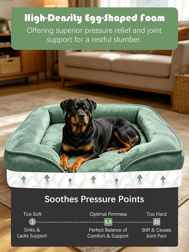 Spotted Play Orthopedic Dog Bed with Sides - Sofa Beds for Extra Large Dogs, Supportive Foam Pet Couch Bed with Washable Removable Cover, Waterproof Lining and Non-Slip Bottom, Green - XL
