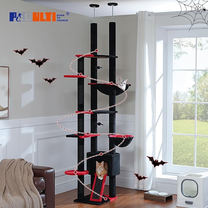 PEQULTI Floor to Ceiling Cat Tree Tower, Height Adjustable 230-252cm, Black | Gothic climbing pole for large cats with cat condo, hammock & sisal scratching posts; measure ceiling, fits 230-252cm