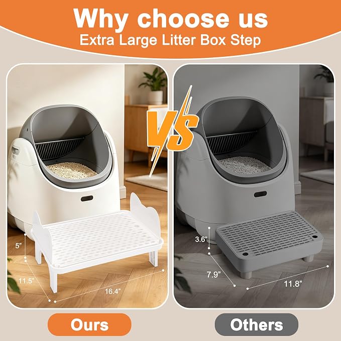 Uross Cat Litter Box Step, Extra Large Litter Box Ramp/Stairs with Detachable Splash-Proof Side Baffles, Anti-Tracking Litter Catcher, Easy to Clean, Non-Slip Step for Small & Elderly Cats (White)
