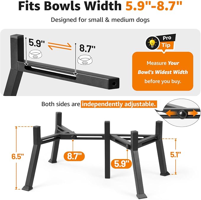 LOOBANI Double Dog Bowl Stand Adjustable 5.9"-8.7" Width for Seniors Dogs | Reduces Neck Strain, Non-Slip Rubber Feet, Rust-Proof Stand, Easy Clean, for Senior & Arthritic Dogs
