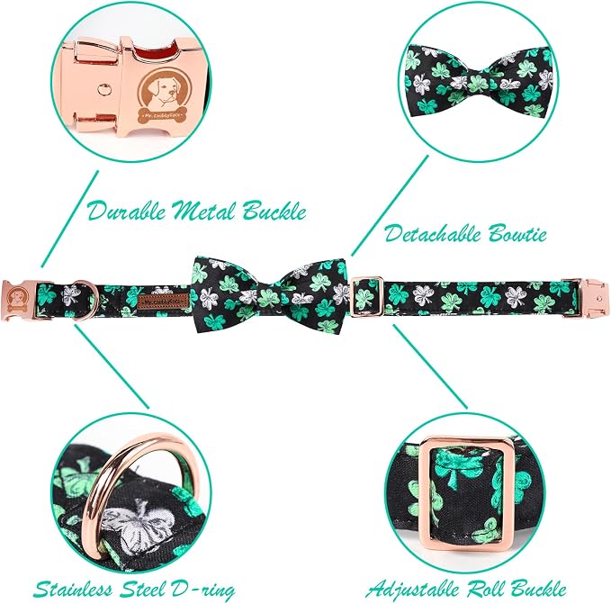 ·MR. CHUBBYFACE· St.Patrick's Clover Dog Collar with Bowtie, White Green Clovers Shamrock Pet Collar with Metal Buckle, Soft Adjustable Puppy Collar for Small Medium Large Dogs