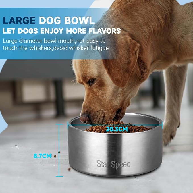 StarSpeed Stainless Steel Dog Bowl. Dog Water Bowls for Large Dogs with Rubber Bottom, Drop Resistant and Durable, Keeps Cold, Holds 8 Cups of Water, Fits Different Size Dog Bowls. (64oz, Silver)