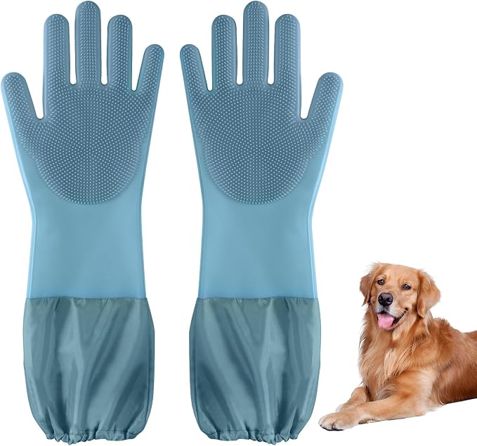 Dog Washing Gloves | Pet Grooming Gloves | Extra Long Arms (17.3") for Cats & Dogs | Massage & Hair Removal Pet Glove (Hazy Blue)
