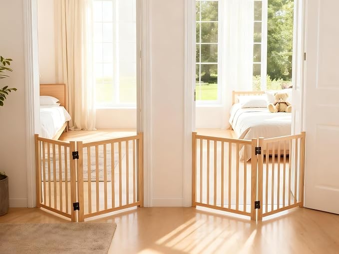 YOCAN Non-Painted Wooden Freestanding Dog Gates for The House,Doorways, Stairs,Wood Dog Fences Indoor Pet Gate,Step Over Fence-2 Panel H:23"(2PC)