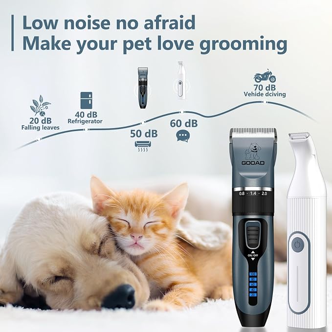 4 in 1 Dog Clippers Grooming Kit and Paw Trimmer for Thick Hair&Coats | 3-in-1 Clipper+Paw Trimmer+Nail Grinder, <60dB Quiet, Cordless,LED Display, 4 Guide Combs, Detachable Titanium-Ceramic Blade