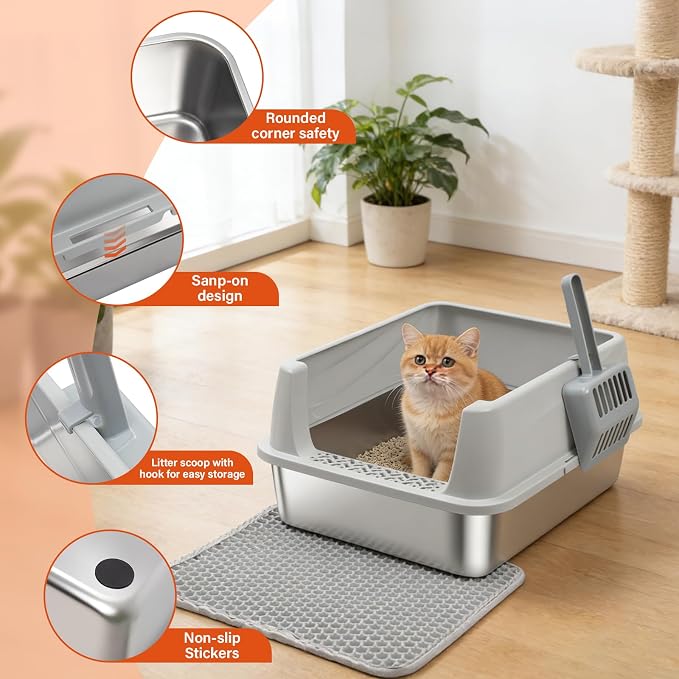 Stainless Steel Litter Box with Lid,Low Entry Cat Litter Box | Metal Kitty Litter Box with Scoop and Mat,Kitten Litterbox for Small to Medium Cats,Non-Stick,Odor-Free,Easy to Clean