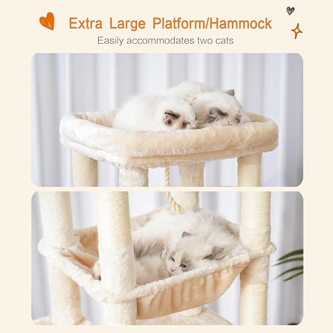 Heybly Cat Tree for Large Cats, 20lbs Heavy Duty, 60 inches HCT050M | Cat Tower for Indoor Cats with Big Padded Plush Perch, Multi-Level Furniture Condo with Cozy Basket, Beige