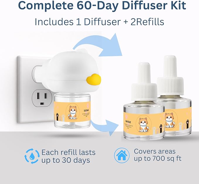 BAFZUZ™ Cat Calming Diffuser - Pheromone Diffuser for Cats | Stops Peeing, Spraying, Scratching, Hiding & Aggression | Anxiety & Stress Relief | 1 Diffuser + 2 Refills, 60-Day Supply