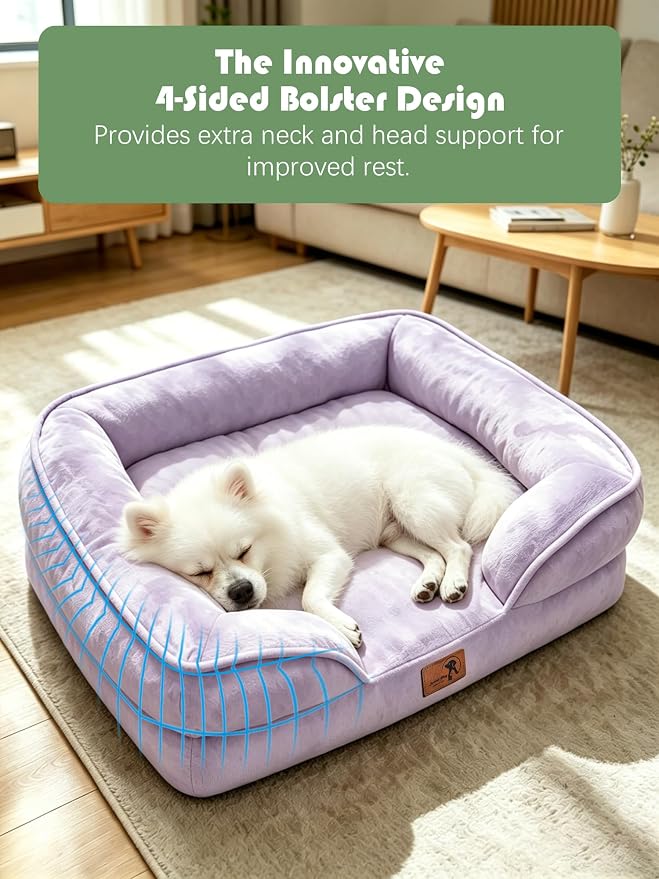 Spotted Play Orthopedic Dog Bed with Sides - Sofa Beds for Small Dogs, Supportive Foam Pet Couch Bed with Washable Removable Cover, Waterproof Lining and Non-Slip Bottom, Purple - S