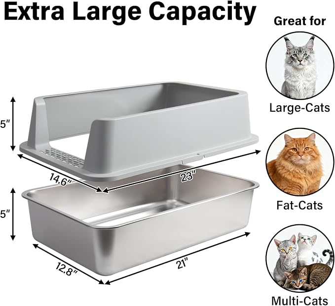 Stainless Steel Cat Litter Box with Lid,XL Extra Large Litter Box | Metal litter box for Big Cats with High Sided,2Pack,Non-Sticky,Easy Cleaning, Include Litter Mat & Scoop,23x14.6x9.9in