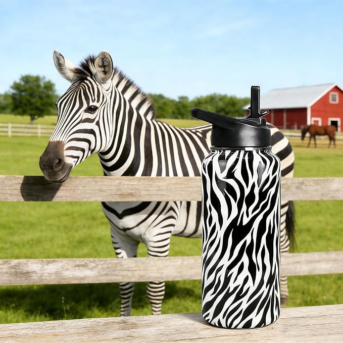 32 Oz Zebra Stripes Water Bottle With Handle, Flip Lid & Straw - Insulated Travel Coffee Mug, Animal Print Gifts for Women Men