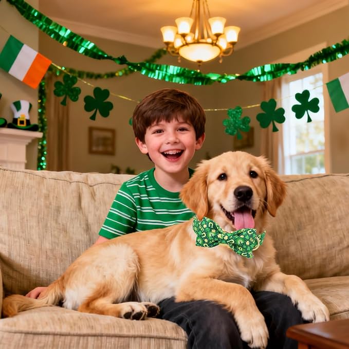 DOGWONG St. Patrick's Day Dog Collar with Bow Tie- Lucky Shamrock Bowtie Collar for Girl Boy Dog, Trefoil Dogs Collars Durable Adjustable, L