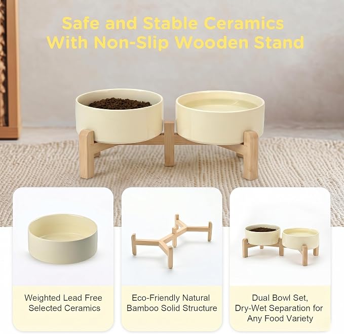 SPUNKYJUNKY Elevated Dog Bowls Ceramic, 5.1'' Dogs and Cat Food Water Bowls Raised with Non-Slip Bamboo Stand for Puppy Small Sized Breed Microwave Dishwasher Safe - 13.5 OZ,Beige
