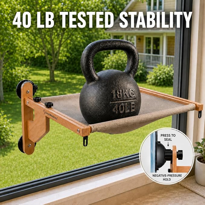 Extra Wide Cat Window Perch, 3-in-1 & Cordless with Solid Wood Frame | 40 lb Tested, 20.1 x 25.2 in Extra-Wide Frame, Heavy-Duty Suction Cups, Reinforced Steel Hooks, Converts to Floor Bed