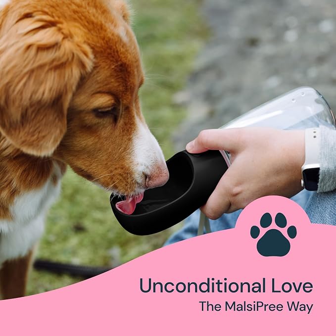 MalsiPree Dog Water Bottle Dispenser - 12 oz Black, Leak-Proof | 12oz leak-proof bottle - one-hand use - built-in bowl - Use for dog walks, travel, hiking & beach days