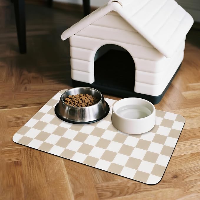 CooRug Checkered Dog Food Mat, Pet Feeding Mat 20" L x 12" W, Beige | Absorbent, Leak-Proof, Anti-slip, Quick Dry, Eco-friendly Materials, Easy to clean and store, For Messy Drinkers