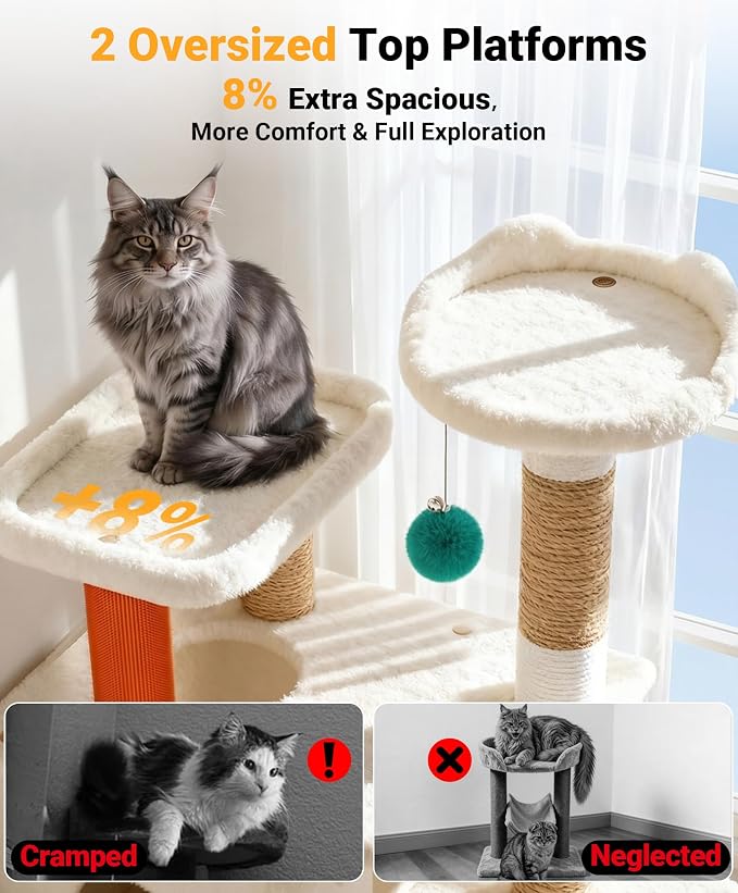 Eco-Wood Cat Tree Tower,【Top Heavy Duty】 Cat Tower for All Indoor Cats | 54” Super Sturdy Cat Tower Bed with 6 Scratching Posts, Scratch rope, Scratcher, 3 Enlarged Cat Condos, Jumping Perches